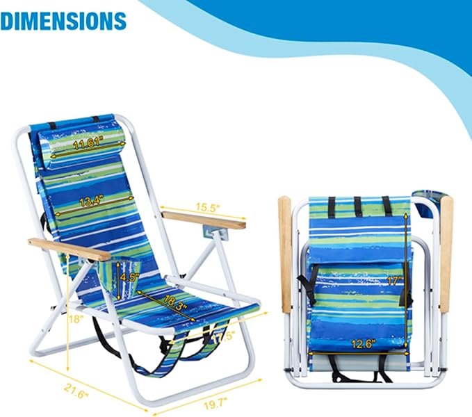 Beach Chairs for Adults 2 PackPortable Folding Backpack Beach Chair with Headrest Cup Holder and Wooden ArmrestsCup Holder for Outdoor/Lawn/PicnicFoldable Camping Chair (Blue Stripes-2Set)