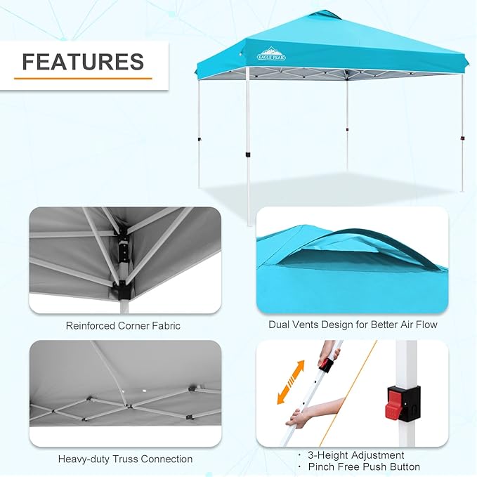 EAGLE PEAK Pop Up Canopy Tent with Wheeled Carry Bag 8 Stakes 4 Ropes 4 Weight Bags Easy Set Up Tent Canopy 12x12 ft 144sqft of Shade Light Blue