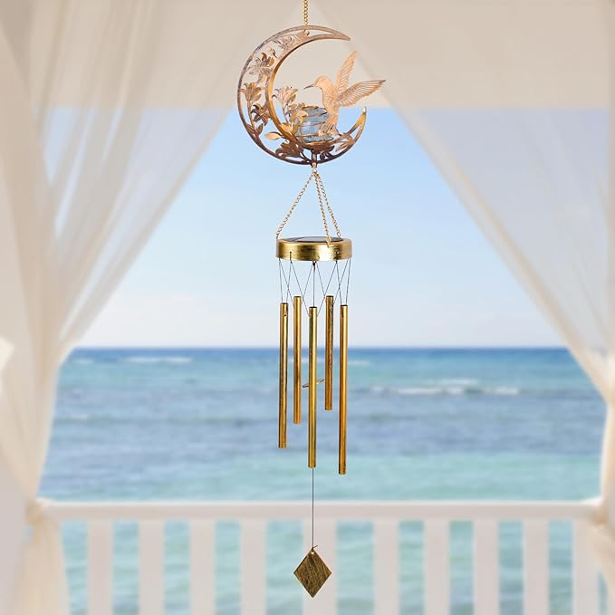 Moon Hummingbird Wind Chime Outdoor Handcrafted Metal Garden Wind Chimes with Hummingbird Charms Melodic Wind Bells for Patio Porch Decor Weatherproof Gift for Nature Lovers &amp Bird Watchers