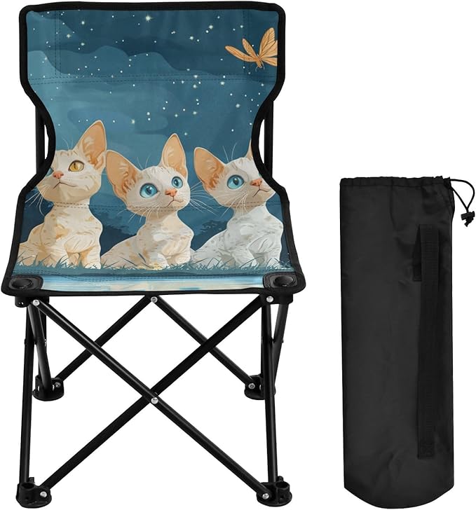 KLL Cartoon Devon Rex Cats Folding Camp Chairs Ultra-Lightweight Folding Chair Includes Carry Bag Fishing Chair for Outdoor Ice Fishing