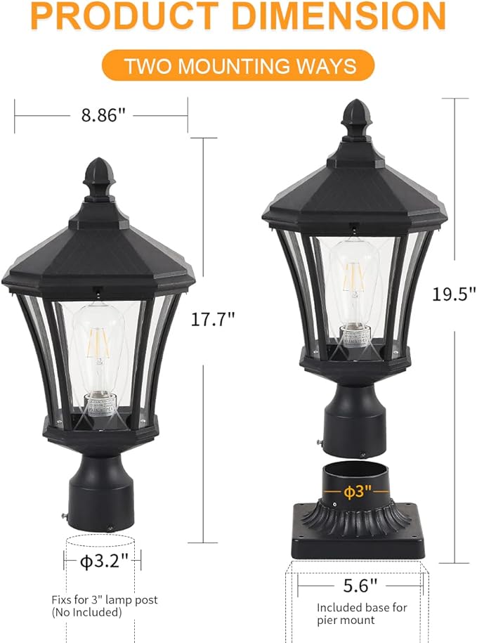 Post Lights Outdoor Post Lantern 20 Exterior Post Coach Light with Pier Mount Base Weather Resistant Aluminum with Clear Glass Pier Mount Lantern Black Outdoor Pole Lamp for Patio Porch Yard