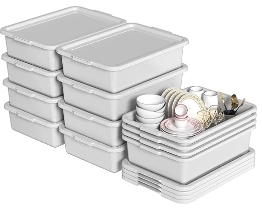 13 L Small Commercial Bus Tubs with Lids Plastic Bus Tub Tote Box with Lid Light Gray 12 Packs