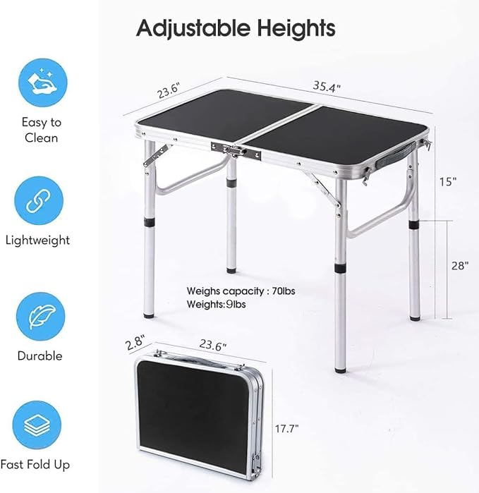 Folding Camping Table 36''L x24''W Camp Aluminum Table with Adjustable Height Legs Indoor Outdoor Lightweight Portable Folding Dining Table for Camp Picnic Beach 3Ft black 2 Heights 15/28）