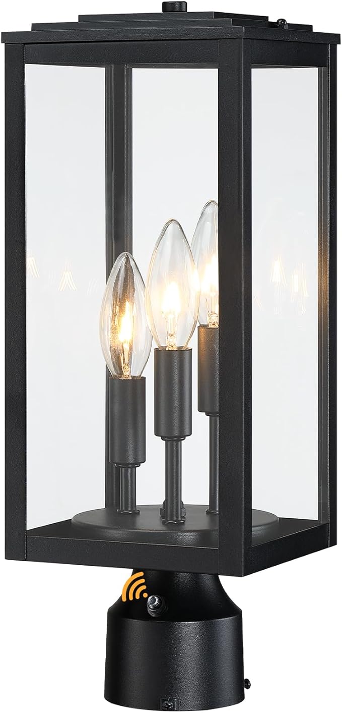 16.6'' Dusk to Dawn Post Light Outdoor Large 3-Light Lamp Post Light Fixture Modern Pillar Outside Lighting Waterproof Post Lantern Pole Lights for Porch 1 Pack (Not Include Mounting Base)