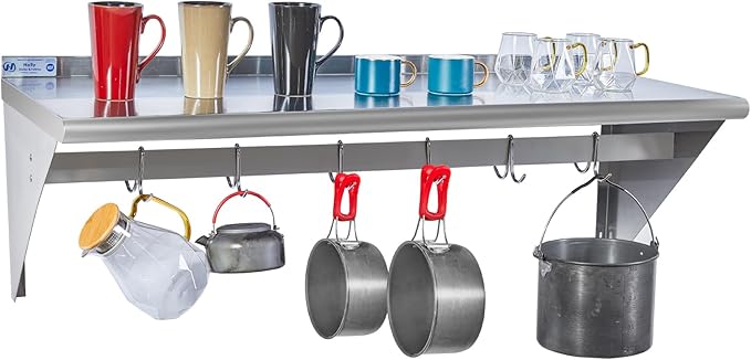 Hally Stainless Steel Shelf with 6 Hooks 18 x 48 Wall Mounted Pot Rack 400lb NSF Commercial Floating Shelving for Storage Hanging Pots Pans cookware in Restaurant Kitchen Home and Hotel