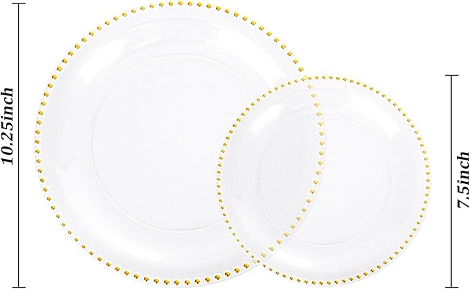 Rubtlamp 60Pcs Clear Gold Plastic Plates Clear Disposable Plates With Gold Beaded Heavyduty Plastic Plates Include 30 Dessert Platos 30 Dinner Platos for Wedding Party