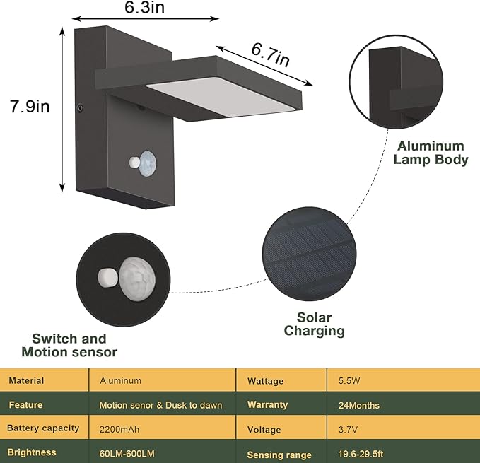 Lustrlach Solar Lights Motion Sensor Outdoor Wall Sconce Waterproof LED Dusk to Dawn Solar Porch Light with Adjustable Lamp HeadBlack 3000K Modern Exterior Light Fixture