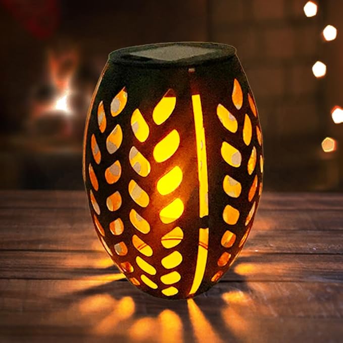 2PCS Solar Table Lanterns with Flickering Flame Light Outdoor Waterproof Metal Desktop Decorative Lamp with Hollow Design for Tabletop Garden 7.3 H Black Leaf