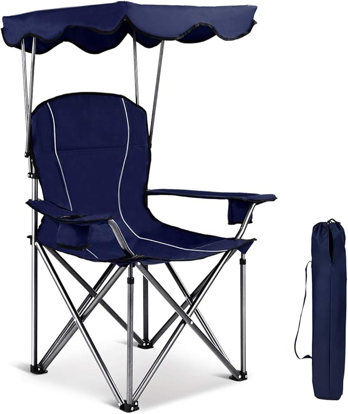 GYMAX Camping Chair Folding Outdoor Lawn Chair with Canopy Carry Bag &amp Cup Holder Portable Heavy Duty Camp Chair for Outside Travel Picnic Beach Soccer Chairs (Blue)