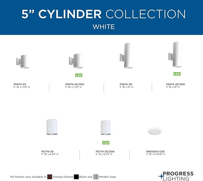 Progress Lighting 5-Inch Cylinder Outdoor Wall Sconce 1-Light Modern Wall Mount Light Interior and Exterior Lighting for Home or Porch Aluminum Construction White (P5674-30)