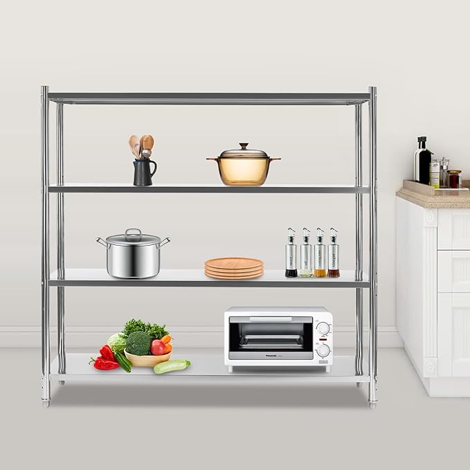 Stainless Steel Shelving 4 Tier Utility Bakers Racks Adjustable Shelf Storage Heavy Duty Shelving for Kitchen Commercial Office Garage Storage Laundry Room Organization (4-Tier 71*18*60in)
