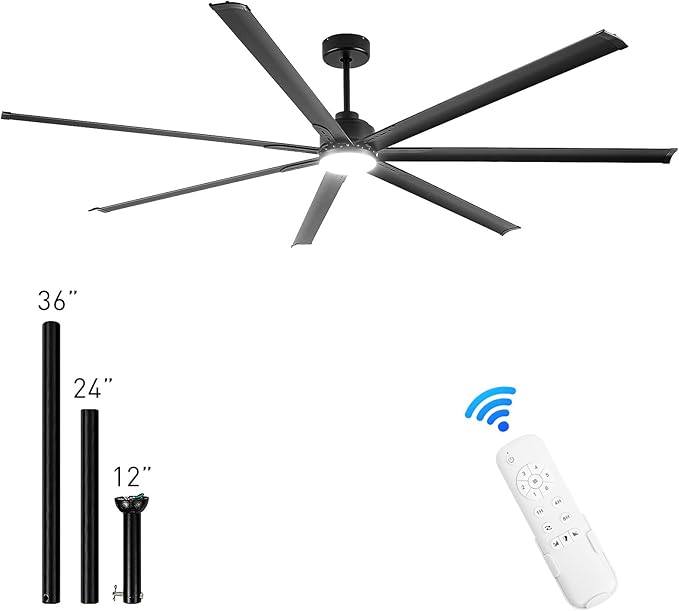 96 Inch Industrial Ceiling Fans with LightBlack HVLS Ceiling Fan with 6 Speeds Reversible MotorHigh CFM Indoor/Outdoor Ceiling Fan with 7 Aluminum Blades for Barn shopCommercial