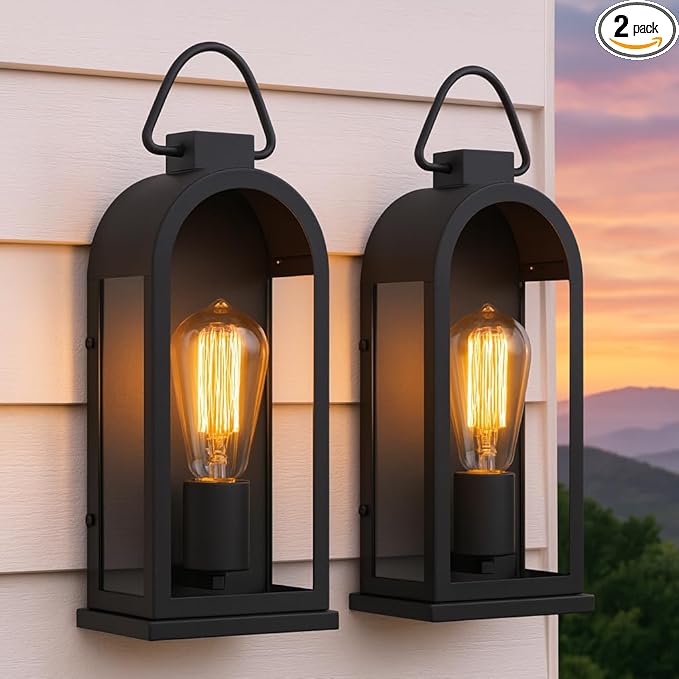 Vintage Outdoor Wall Light Fixtures (2 Pack) - Matte Black Porch Lantern/Exterior Wall Sconce Glass Shade Sturdy Metal Frame Waterproof &amp Anti-Rust for Entryway/Garage/Patio/Doorway E26 Socke