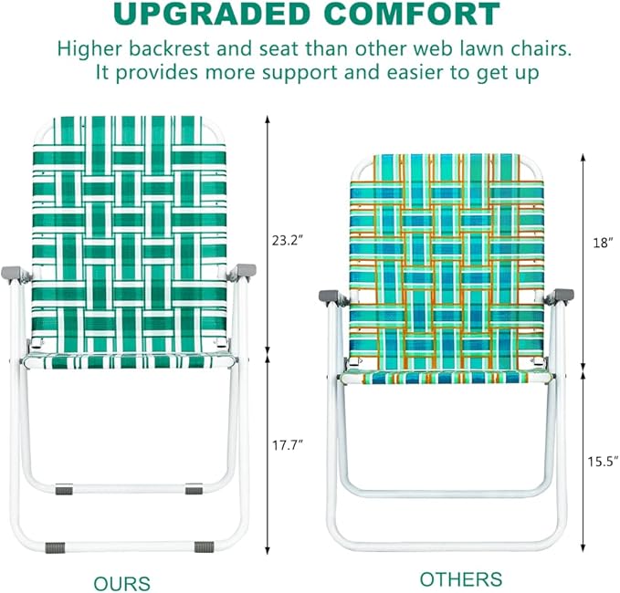 VINGLI Patio Lawn Webbed Folding Chairs Set of 2 Outdoor Beach Chair Portable Dining Chair for Yard Garden (Green Classic)
