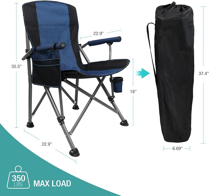 Camping Chair for Adults Heavy Duty Outdoor Patio Lawn Chairs Portable Support 350 LBS High Back Padded Oxford with Armrests Storage Bag Cup Holder for Outside Fishing Camping Foldable