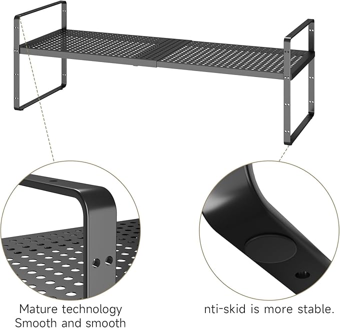 Hole Pattern Expandable Shelf Organizer1Pack 10.2 Wide Easy to Assemble Cabinet Organizer Shelf 16.5~27.1 Adjustable Height&ampStackable Spice Organization for Cupboard Black