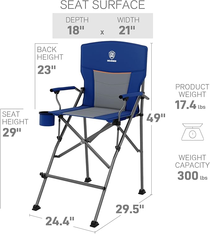 EVER ADVANCED 2 Pieces Tall Camping Camping Directors Chair with Cup Holder 31 Bar Height Folding Chair for Camping Sports with Carry Bag Mesh Pockets and Footrest Heavy Duty 300 lbs Blue