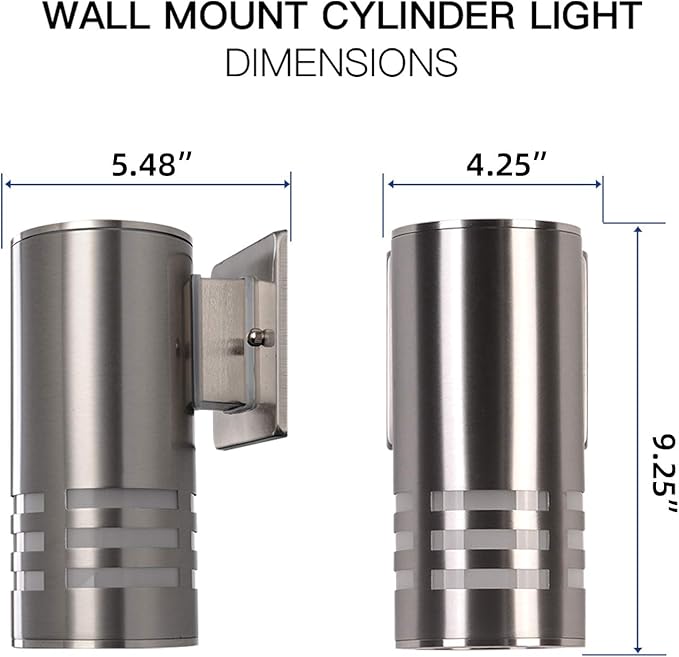 Outdoor Wall SconceCylinder Wall Light with Stainless Steel 304 and Toughened GlassWaterproof Up Down Light for Garden Patio Bedroom Living Room (Brushed Nickel 8.7 HeightNo Bulbs)