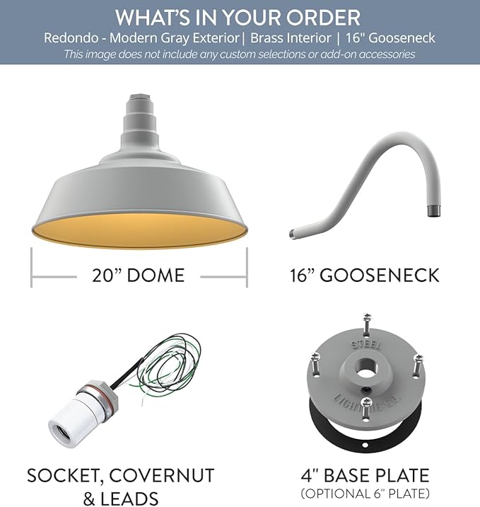 Steel Lighting Co. Large Outdoor Barn Light | Gooseneck Light Fixture | Made in America from 18-Gauge Steel | 20 Dome | 16 Gooseneck Modern Gray Exterior/Brass Interior