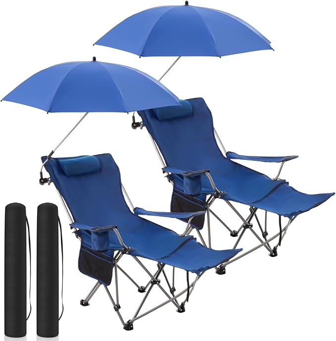 2 Set Reclining Camping Chair with Umbrella for Adult Folding Camping Chair with Foot Rest Adjustable Clamp Canopy Shade SPF 50+ Lounger for Outdoor Spring Summer Travel(BlueOxford)