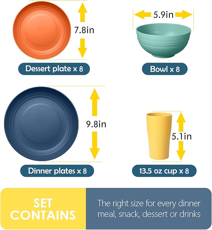 Teivio 32-Piece Kitchen Plastic Wheat Straw Dinnerware Set Service for 8 Dinner Plates Dessert Plate Cereal Bowls Cups Unbreakable Colorful Plastic Outdoor Camping Dishes Autumn Multicolor