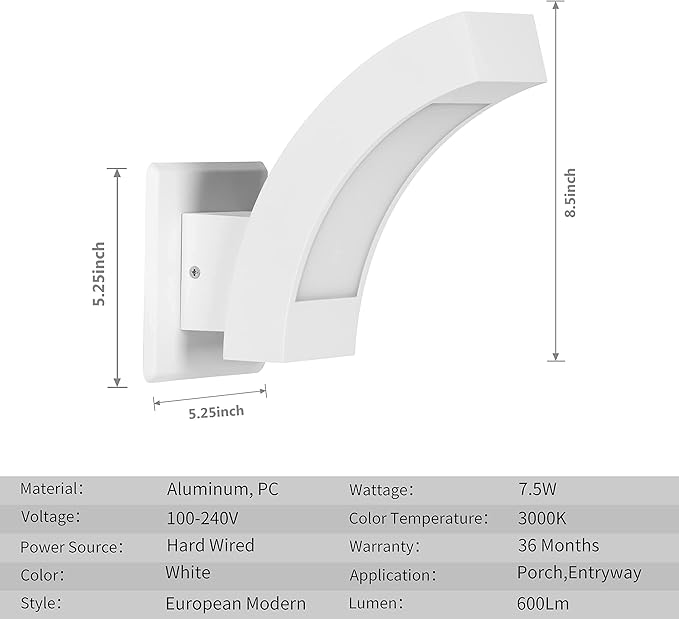 Wall Light Outdoor LED Wall Mount Lamp White Modern Wall Sconce Exterior Lighting Lantern Fixture for Porch Front Door Garden Yard Patio IP54 Waterproof 7.5W 600Lm 3000K