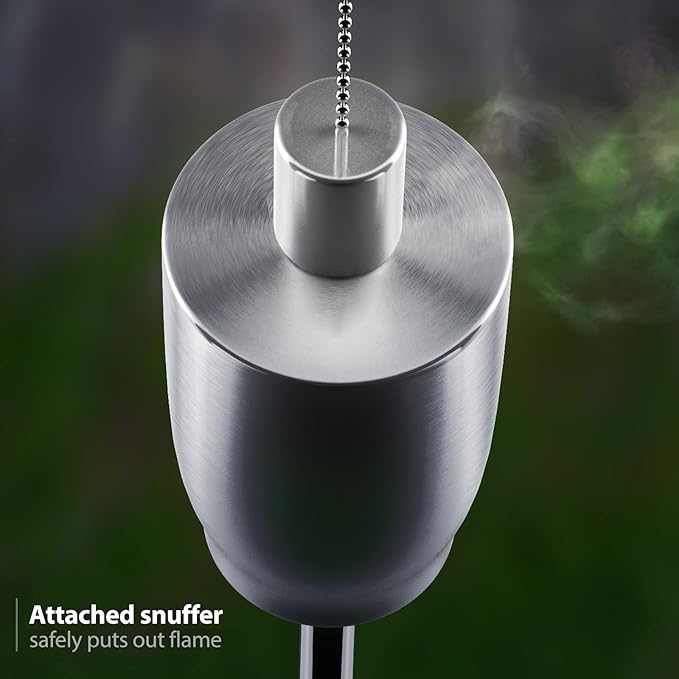 Matney Stainless Steel Outdoor Torches - Decorative Garden &amp Yard Lights - 5 ft Oil Lamp for Citronella - Fiberglass Wick &amp Snuffer Cap - Set of 4 (Cylinder)