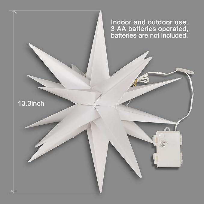 Leejec 13.3 Moravian Star Outdoor Light with Remote Control Christmas Decorations Indoor Hanging Warm White LED Light Battery Operated with Timer Function 3-Pack Tree Ceiling Balcony Decor