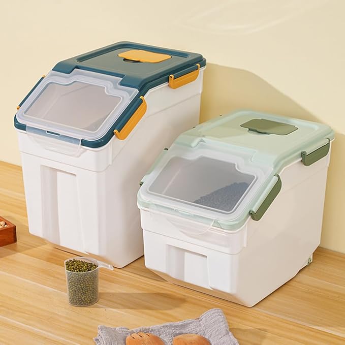 Large Flour Storage Container Bin 25lb 4Pack Airtight Rice Storage Containers with Wheels Seal Locking Lid BPA Free with Measuring Cup&ampScoop for Flour Rice Grain(Blue)
