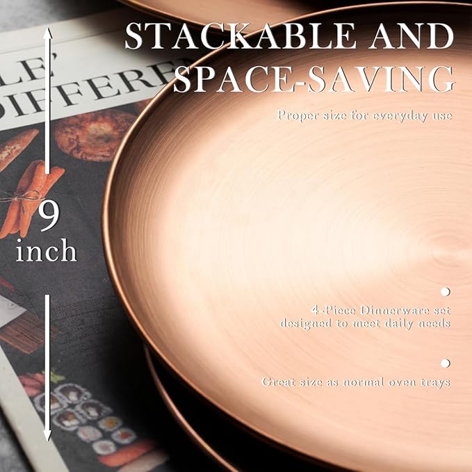 Stainless Steel Plates Metal 18/8 Round Dinner Plates - Set of 4 - Food-Grade Dishwasher Safe 9inch Salad Plates for Camping Kids Dining Outdoor (Black)