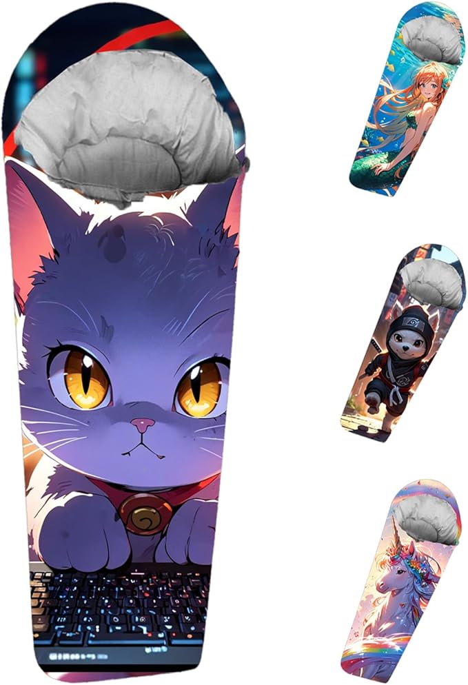 Mummy Style 32 – 59F Kids Sleeping Bag with Pillow Sleeve Full Scale Digital Printing Unicorn Mermaid Kitty or Puppy Lightweight Ideal for Camping Sleepover Boys Girls Youth and Toddlers