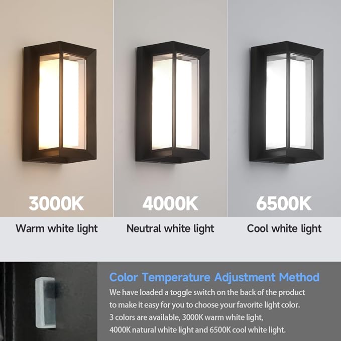 Outdoor Modern Wall Sconce Lights15%-100% Dimmable Indoor Wall Light Fixtures3000K/4000K/6500K Adjustable24W Exterior Wall LightingWaterproof Outdoor Porch Light2160LM Indoor Wall Sconce 1 Pack