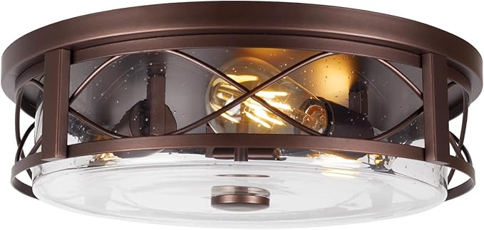 16 Inch Large Flush Mount Ceiling Light with Seeded Glass 3-Light Bronze Round Ceiling Lamp Modern Farmhouse Indoor Outdoor Ceiling Lighting for Kitchen Bedroom Living Dining Room