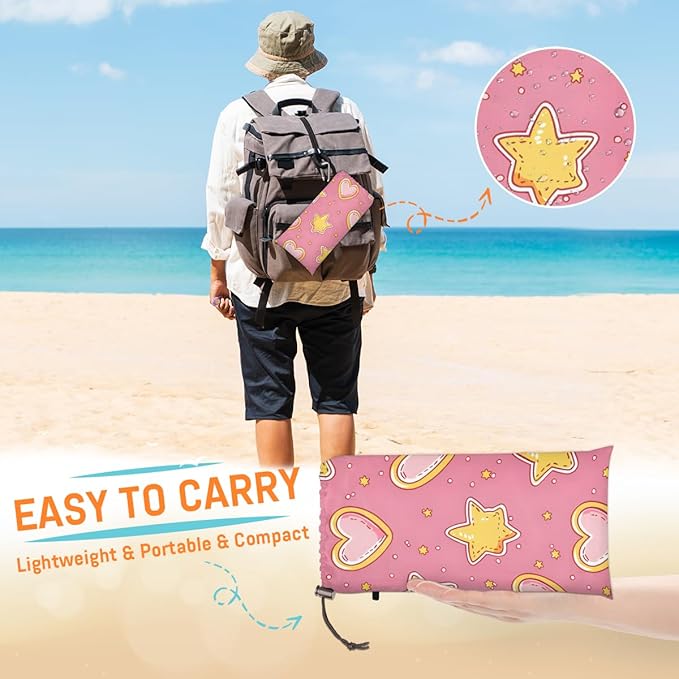 Waterproof Sandproof Beach Blanket 59''×68'' Golden Star Polyester Outdoor Picnic Blanket with 4 Stakes &amp Storage Bag for BeachCampingVacation Leather Pink