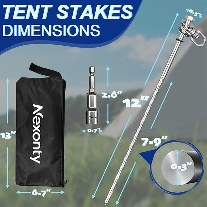 12 Inch Steel Screw in Tent Stakes8 Pack Tent Stakes Heavy DutyGround Anchors Screw inTrampoline Anchor KitSwing Set AnchorsMetal Threaded Camping Stakes with Hex Head Driver&ampStorage Bag