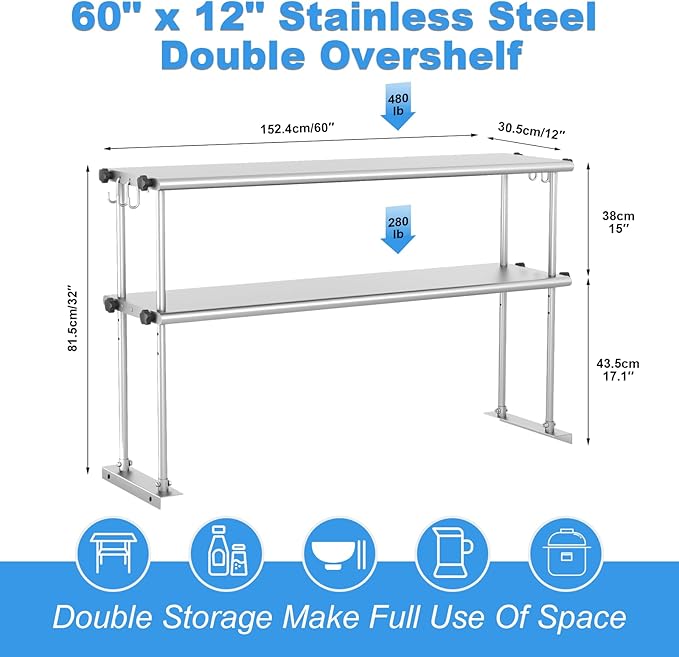 Stainless Steel Double Overshelf 60 x 12 Adjustable Double Overshelf with 6 Hooks Commercial Double Shelf for 60 Prep Work Table in Restaurant Home Kitchen and Workshop