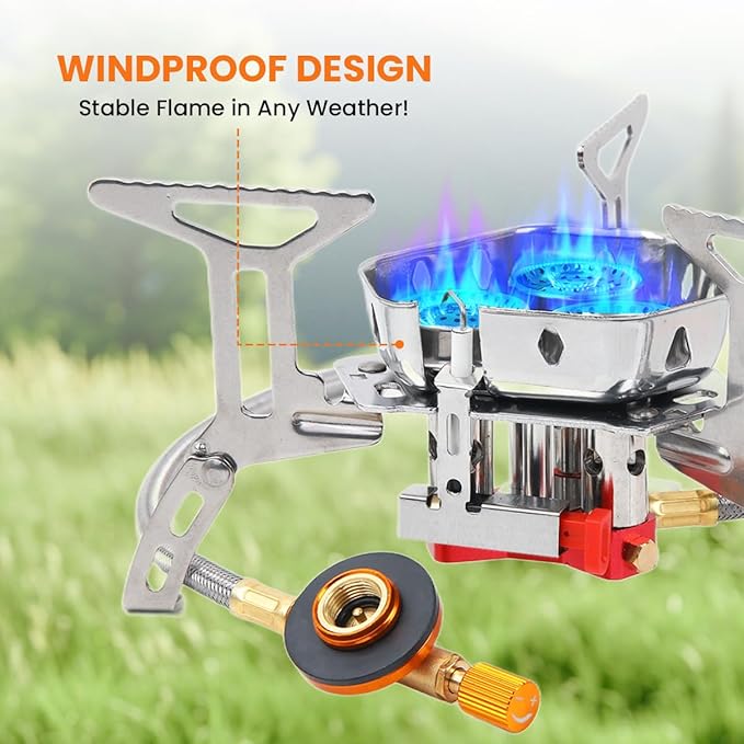 Portable Propane Camping Stove for Outdoor - GEEKHOM 6800W Windproof Gas Stove with Piezo Ignition 2-Fuel Butane Propane Backpacking Stove for Hiking &amp Picnics Tripod Base &amp Adapter