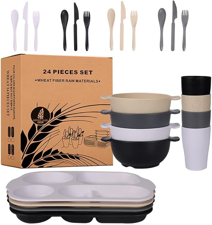 24 Pcs Wheat Straw Dinnerware Cutlery SetsUnbreakable Divided Plates Bowls Cups Spoon Knife Fork for 4 PeopleMicrowave Dishwasher Safe Tableware Cutlery for Party and Daily UseMix Color 1