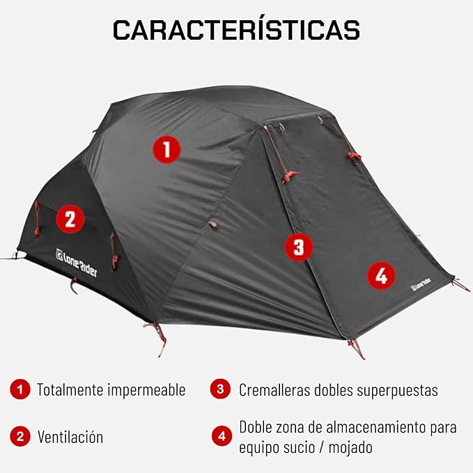Lone Rider 2 Person Dome ADVTent - Lightweight Waterproof Shelter for Camping Backpacking Hiking - One Piece Pole Pitch System with Mesh Ventilation and Storage - Includes Carry Bag Pegs Awning