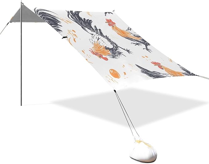 Rooster Eggs White Background Pattern Camping Sun Shelter Beach Tent Portable Beach Sun Shade Outdoor Canopy for Camping Trips Fishing Picnic