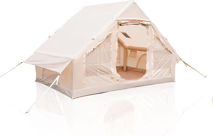 Donext Inflatable Camping Tent 4-Season Glamping Tent with Stove Jack Mesh Windows Easy Setup Windproof Cotton Outdoor Tent with Hand Pump