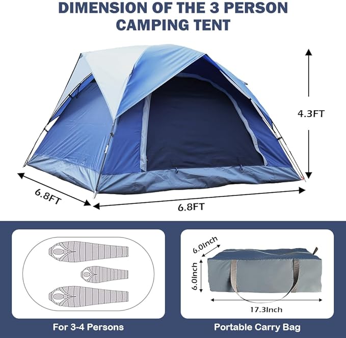 3 Person Tents for Camping HIKERBRO Small Dome Tent with 2 Upgraded Doors &amp Half Mesh Ceiling Waterproof 4 Person Camping Tent with Removable Rainfly 2/3/4 Person Easy Up Tents for Hiking Trave