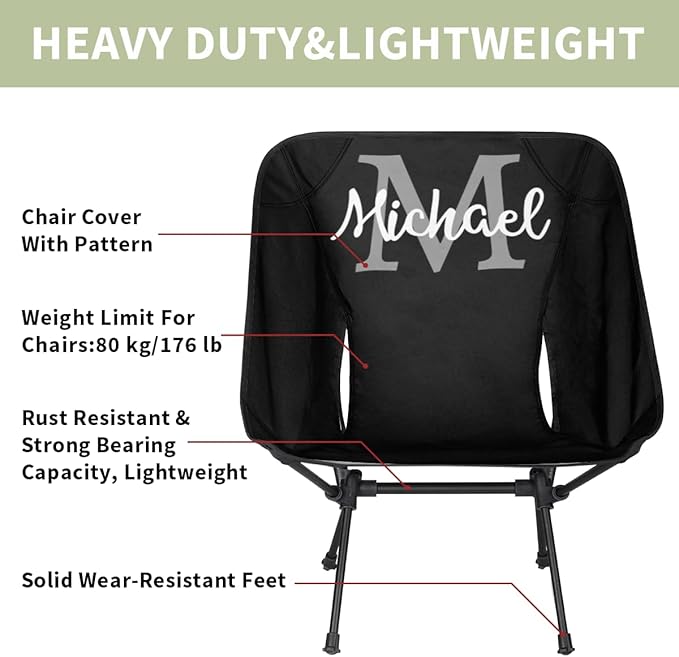 Custom Black Portable Camping Chair Personalized Backpacking Chair with Name Lightweight Foldable Chairs for Hiking Beach