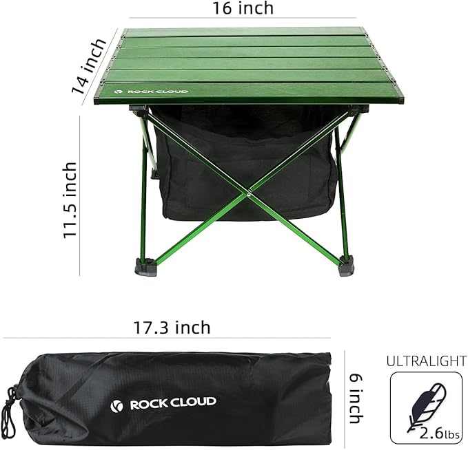 ROCK CLOUD Portable Camping Table Ultralight Aluminum Camp Table with Storage Bag Folding Beach Table for Camping Hiking Backpacking Outdoor Picnic Green
