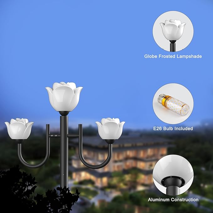 Lightdot 3-Lights Outdoor Lamp Post Light IP65 Waterproof Street Light Pole Lights Fixture with Flower Shade Outside Post Lights for Yard/Garden/Driveway (3000K LED Bulbs Included)