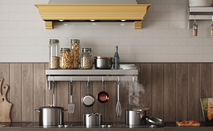 12 x 36 NSF Certified Stainless Steel Wall Mount Shelf - Multifunctional Metal Storage Rack with Backsplash and 6 Hooks