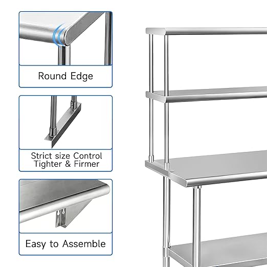 ROCKPOINT Stainless Steel overshelf for Prep Work Table 12 D x 48 WCommercial Double Overshelf in Kitchen HomeRestaurantGarage with countertop Capacity 380lb