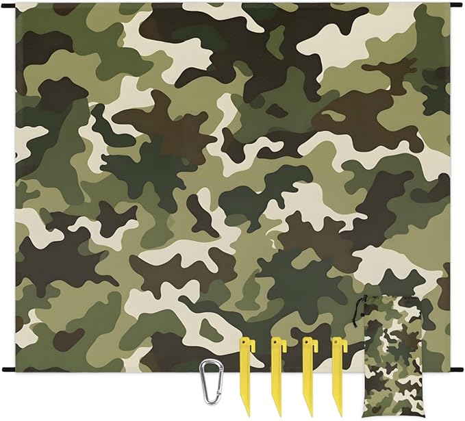 Waterproof Sandproof Beach Blanket 59''×68'' Camouflage Polyester Outdoor Picnic Blanket with 4 Stakes &amp Storage Bag for BeachCampingVacation Light Green