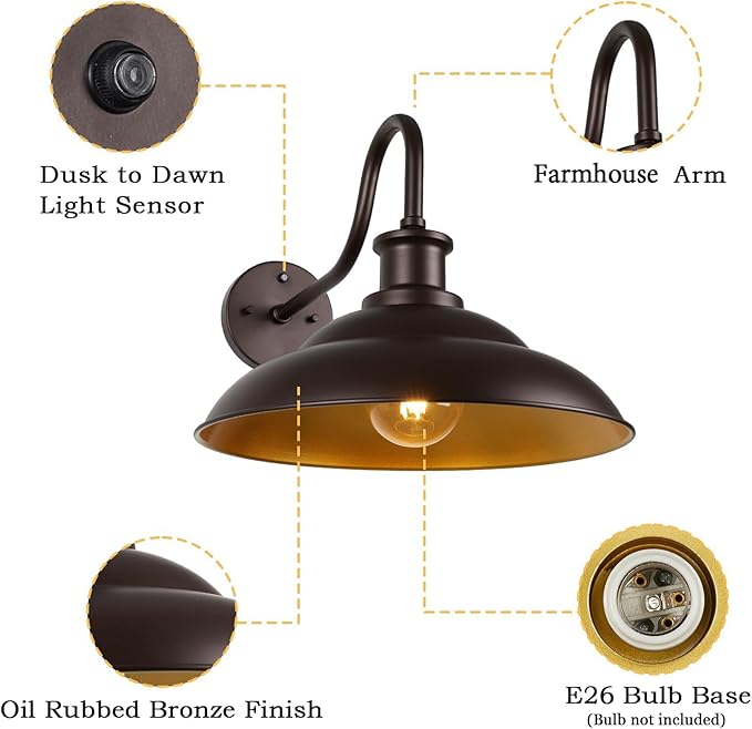 Dusk to Dawn Outdoor Barn Light Fixture 16 Inch Dome Large Wall Sconce Farmhouse Exterior Wall Mount Light for House Garage Patio Doorway 2 Pack