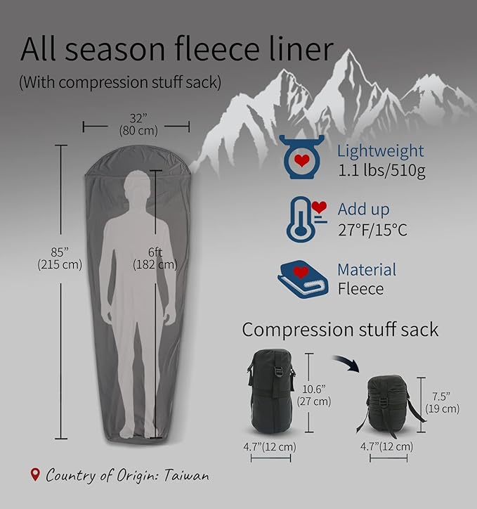 Litume All Season Fleece Sleeping Bag Liner Adds Up to 27°F/ 15°C Lightweight Mummy Sleeping Sack for Cold Weather and Winter Backpacking Camping Traveling with Drawstring Hood and Stuff Sack E629